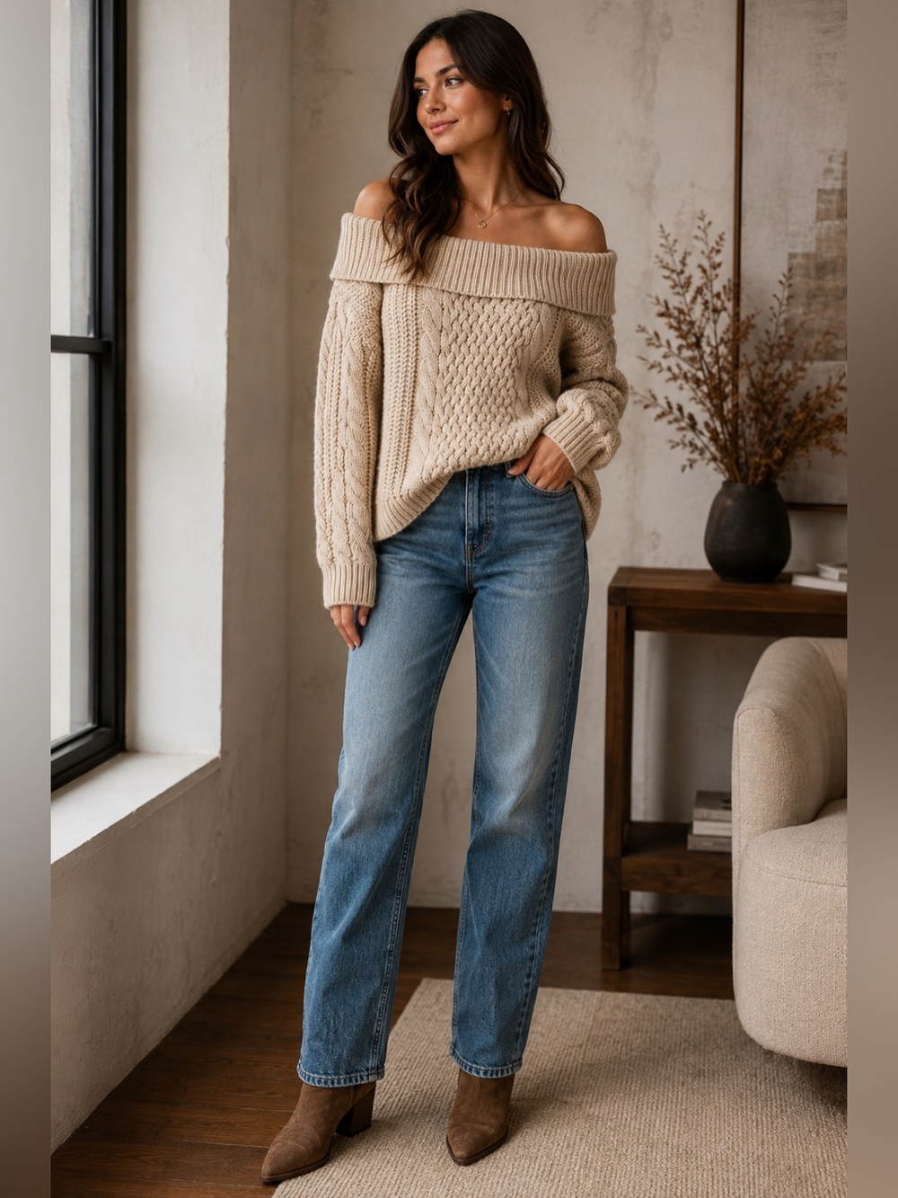INTERMIX Cream Off-Shoulder Cable Knit Sweater